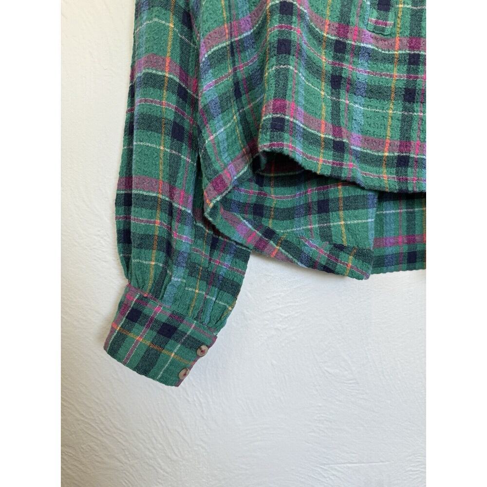 Anthropologie Pilcro Cropped Puff-Sleeve Soft Crinkle Green Plaid Blouse Small - Picture 5 of 13
